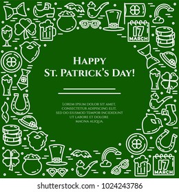 St. Patrick's Day banner with thin line elements of holiday symbols collected in square form with empty space for text. Vector illustration of isolated outline icons with editable stroke.