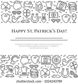 St. Patrick's Day banner with thin line elements of holiday symbols collected in form of two horizontal rectangles. Vector illustration of isolated outline icons with editable stroke.