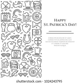 St. Patrick's Day banner with thin line elements of holiday symbols collected in form of vertical rectangle. Vector illustration of isolated outline icons with editable stroke.