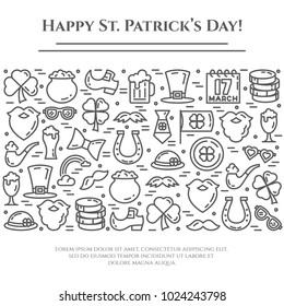 St. Patrick's Day banner with thin line elements of holiday symbols collected in form of horizontal rectangle. Vector illustration of isolated outline icons with editable stroke.
