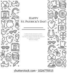 St. Patrick's Day banner with thin line elements of holiday symbols collected in form of two vertical rectangles. Vector illustration of isolated outline icons with editable stroke.