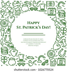 St. Patrick's Day banner with thin line elements of holiday symbols collected in square form with empty circle for text. Vector illustration of isolated outline icons with editable stroke.