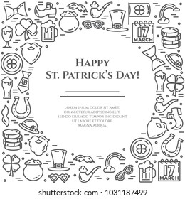 St. Patrick's Day banner with thin line elements of holiday symbols collected in square form with empty round inside - copy space. Vector illustration of isolated outline icons with editable stroke.