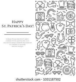 St. Patrick's Day banner with thin line elements of holiday symbols collected in form of vertical rectangle. Vector illustration of isolated outline icons with editable stroke.