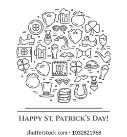 St. Patrick's Day banner with thin line elements of holiday symbols collected in form of round. Vector illustration of isolated outline icons with editable stroke.