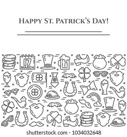 St. Patrick's Day banner with thin line elements of holiday symbols collected in form of horizontal rectangle. Vector illustration of isolated outline icons with editable stroke.