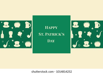 St. Patrick's Day, banner vector illustration, flat silhouette, green, white, text poster, clover, beer, ale, hat, bowler hat with gold