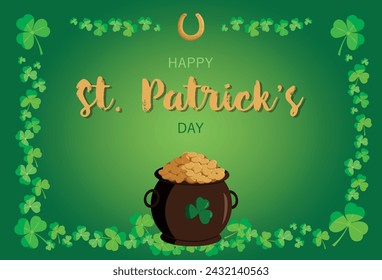 St. Patrick's Day banner. Vector illustration with pot of gold and shamrock frame. Green clover horizontal frame. Sample symbol of Ireland.