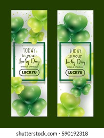 St Patrick's Day banners concept. Green realistic balloons in clover leaf shape, frame and promo code text, graphic elements.