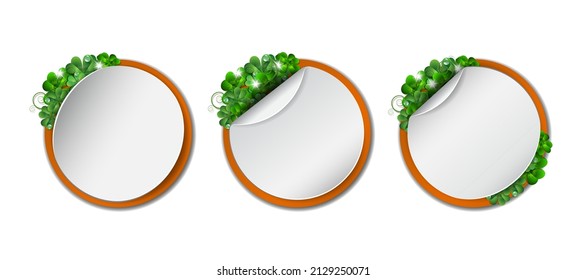 St. Patricks Day banners. Set of Round banners with green clover leaves. Vector illustration