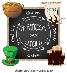 St. Patrick's day bar hopping amusing instruction made with chalk on black board. Including traditional attributes like Leprechaun's hat, pot with gold and beer. EPS10 vector illustration