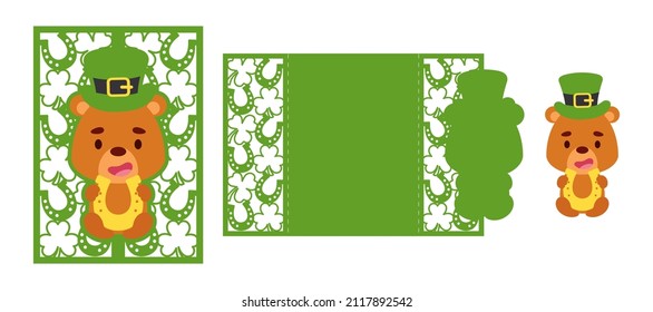 St. Patrick's Day bear laser cutting invitation card template. Paper cut out silhouette for plotter and silk screen printing. Vector stock illustration.