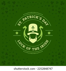 St Patrick's Day bearded leprechaun portrait in hat horseshoe vintage greeting card typography vector illustration. Irish holiday lucky fortune circle label clover shamrock green leaf background