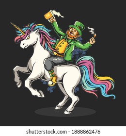 St. Patrick's Day bearded man sitting on a unicorn carrying a glass of beer