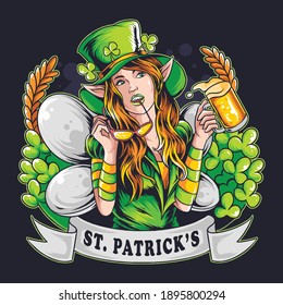 St. Patrick's Day The Beautiful Fairy brings a beer. vector artwork with editable layers