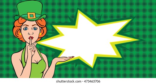 St. Patrick's Day Beautiful girl says Shh and makes a secret offer