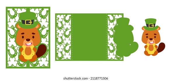 St. Patrick's Day beaver laser cutting invitation card template. Paper cut out silhouette for plotter and silk screen printing. Vector stock illustration.