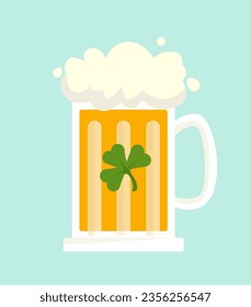 St patricks day beer glass concept. Traditional Irish holiday symbol. Alcoholic drink, pub or cafe menu. Social media sticker. Cartoon flat vector illustration isolated on blue background