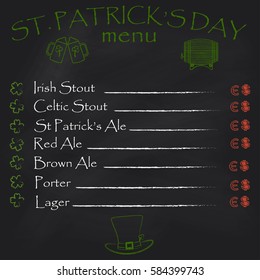 St. Patrick's Day beer menu template with chalkboard background. Vector illustration.