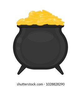 St Patrick's Day black cauldron with gold coins isolated on white background. Vector illustration of Irish holiday symbol