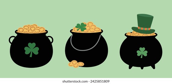 St. Patrick's Day Black Cauldron With Gold Coins Isolated