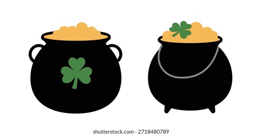 St. Patrick's Day Black Cauldron With Gold Coins and Shamrock  clipart.
Flat vector Illustration Set.
White background.