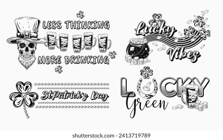 St Patricks Day black and white Labels with holiday objects, text on white background. Skull, beer, pot with coins. For clothing, apparel, T-shirts, holiday stuff, goods decoration Vintage style