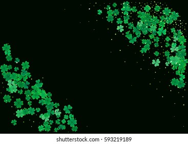 St. Patrick's Day blank background template with falling clover leaves isolated on a black background. Vector illustration.