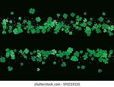 St. Patrick's Day blank background template with falling clover leaves isolated on a black background. Vector illustration.