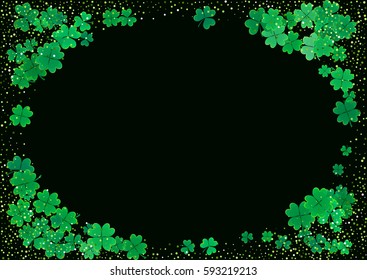 St. Patrick's Day blank background template with falling clover leaves isolated on a black background. Vector illustration.