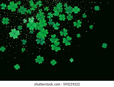 St. Patrick's Day blank background template with falling clover leaves isolated on a black background. Vector illustration.