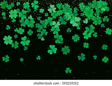 St. Patrick's Day blank background template with falling clover leaves isolated on a black background. Vector illustration.