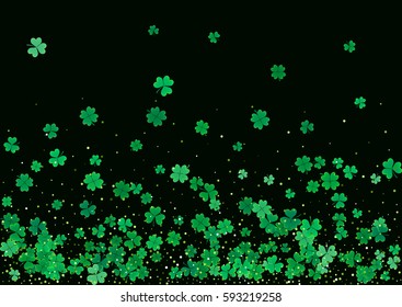 St. Patrick's Day blank background template with falling clover leaves isolated on a black background. Vector illustration.