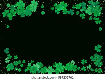 St. Patrick's Day blank background template with falling clover leaves isolated on a black background. Vector illustration.