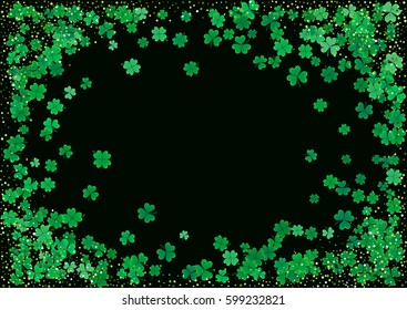 St. Patrick's Day blank background template with falling clover leaves isolated on a black background. Vector illustration.