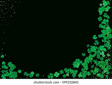 St. Patrick's Day blank background template with falling clover leaves isolated on a black background. Vector illustration.