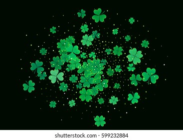 St. Patrick's Day blank background template with falling clover leaves isolated on a black background. Vector illustration.