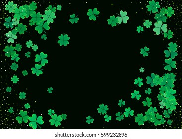 St. Patrick's Day blank background template with falling clover leaves isolated on a black background. Vector illustration.