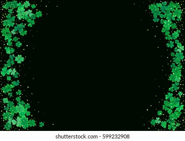 St. Patrick's Day blank background template with falling clover leaves isolated on a black background. Vector illustration.