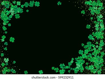 St. Patrick's Day blank background template with falling clover leaves isolated on a black background. Vector illustration.