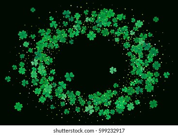 St. Patrick's Day blank background template with falling clover leaves isolated on a black background. Vector illustration.