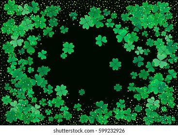 St. Patrick's Day blank background template with falling clover leaves isolated on a black background. Vector illustration.