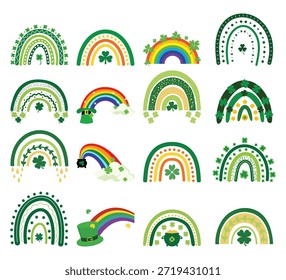 St. Patrick's Day Boho Rainbow Collection. Conjunto vetorial de Arcos da Sorte com Shamrocks, Pote de Ouro e Nuvens para a Arte de Parede do Berçário.