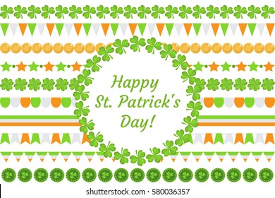 St. Patrick's Day border garland with clover, shamrock, flags, bunting. Isolated on white background. Vector illustration, clip art