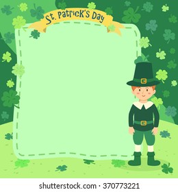 St. Patrick's Day Boy Notes. Vector illustration of St. Patrick's Day greeting card banner notes with a boy in green clover background.