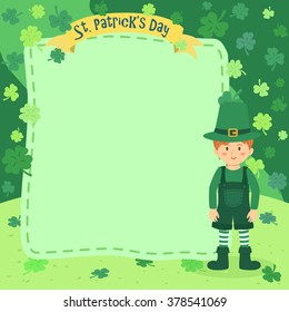 St. Patrick's Day Boy Notes. Vector illustration of St. Patrick's Day greeting card banner notes with a boy in green clover background.