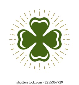 St Patrick's Day bright lucky clover Irish success flower petals vintage icon vector flat illustration. Celtic fortune shamrock leaf circle golden rays traditional prosperity floral ornate mascot