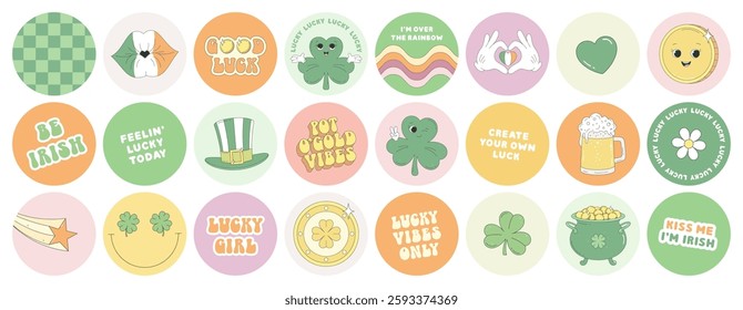 St. Patrick's Day bright round stickers. Clover, leprechaun hat, coin, beer, pot of gold, heart gesture, Irish kiss. Sticker pack of characters, elements, funny phrases, good luck wishes.