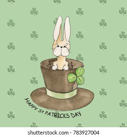 St Patrick's Day Bunny in hat with shamrock background