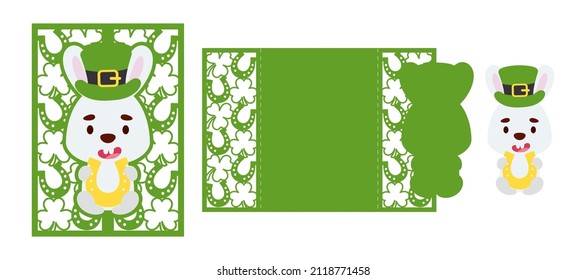 St. Patrick's Day bunny laser cutting invitation card template. Paper cut out silhouette for plotter and silk screen printing. Vector stock illustration.